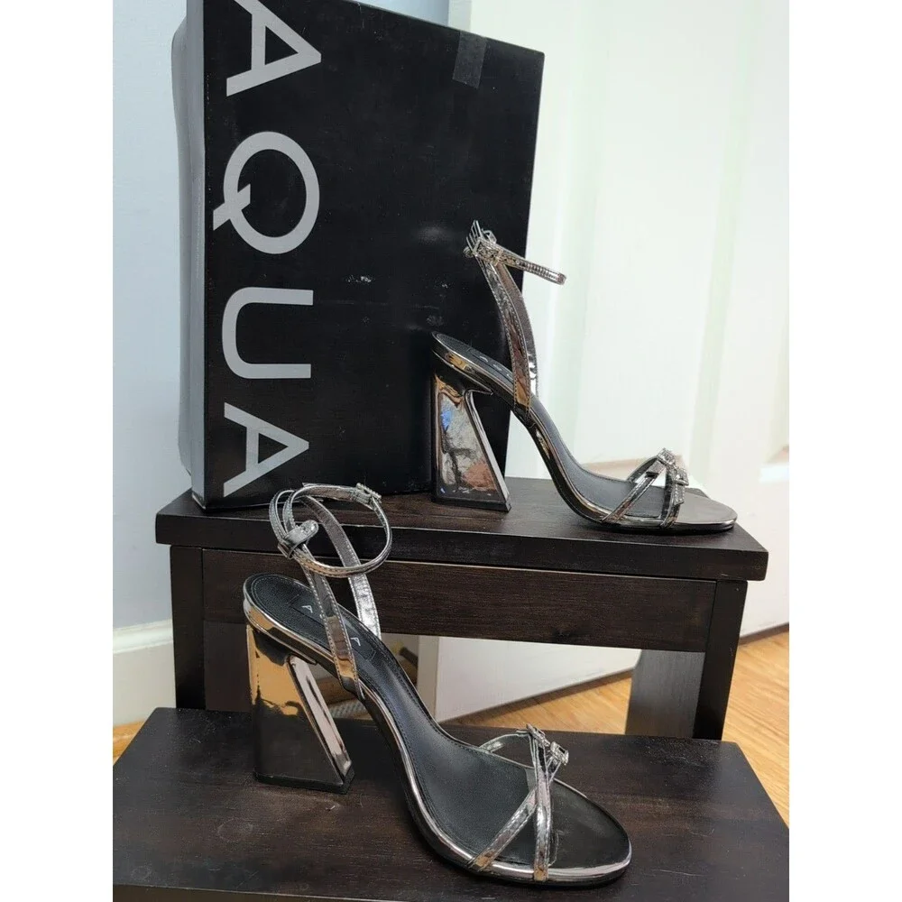 NIB Aqua Sandalia Salto Alto Ankle Strap Silver/Pewter Mirror Sandal Size 8.5B